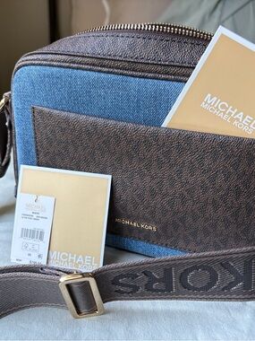 Michael Kors Brown and Blue Messenger Crossbody with Branded Strap